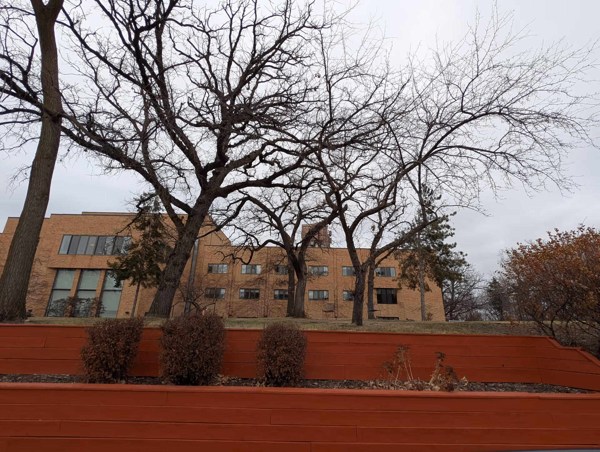 Brick senior living building behind leafless trees and terraced red planters under a gray sky.