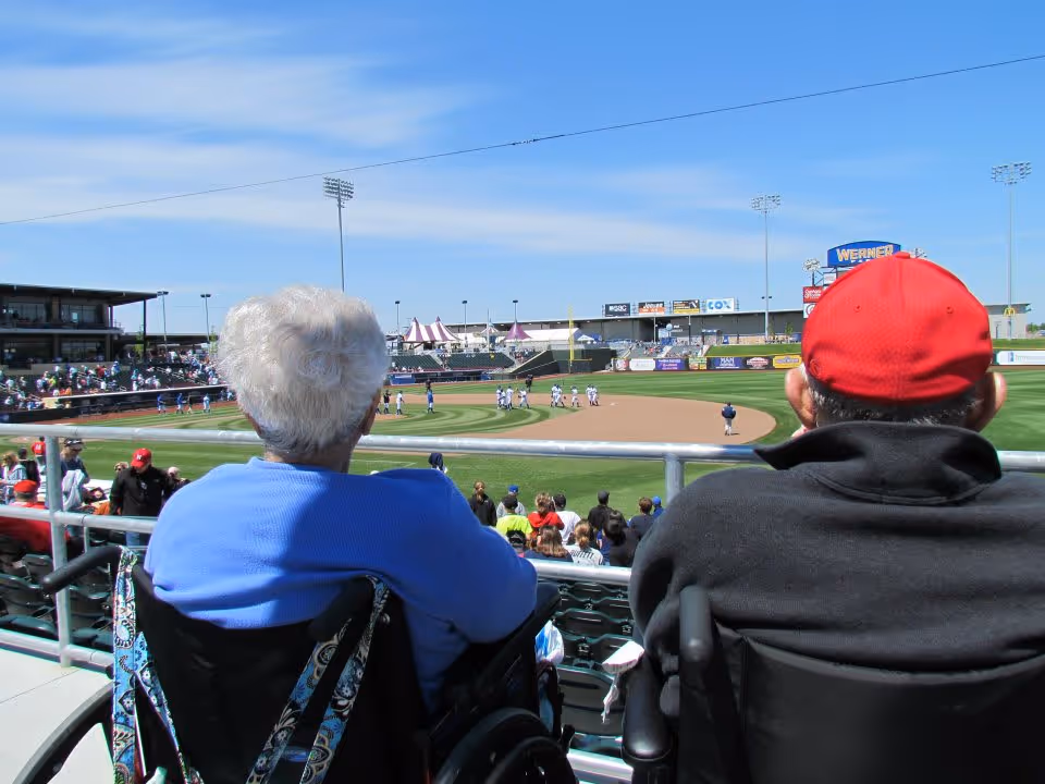 Two elderly individuals in wheelchairs watching a baseball game at a stadium on a sunny day. The field, players, and spectators are visible in the background.