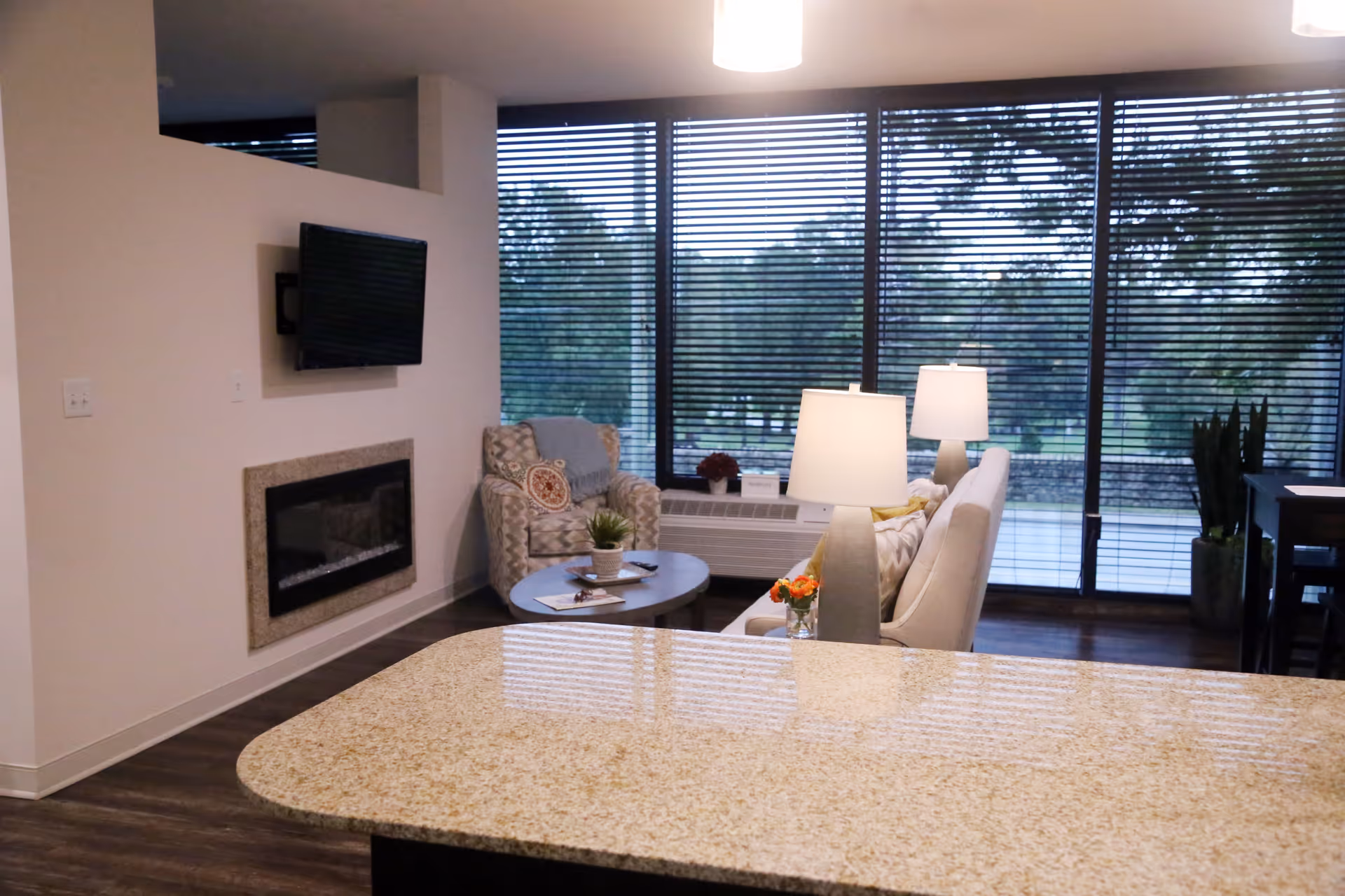 Open-plan living room with sofa, armchair, lamps, wall-mounted TV and large floor-to-ceiling windows, seen from a granite countertop.