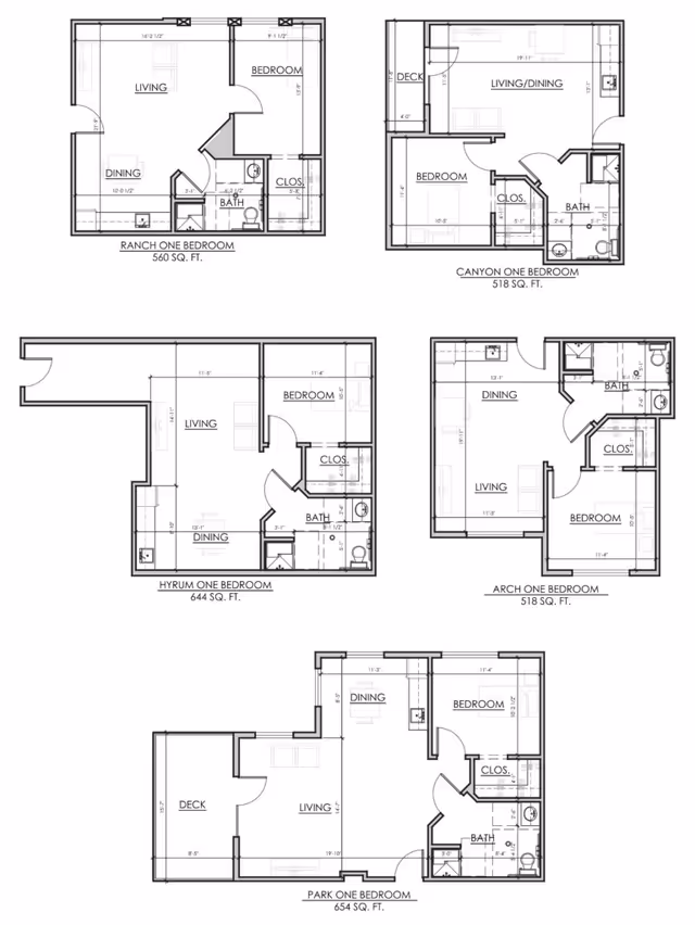 Architectural floor plans showing five different one-bedroom apartment layouts named Ranch, Canyon, Hyrum, Arch, and Park, each with labeled rooms including living, dining, bedroom, bath, closet, and deck areas with square footage specified.