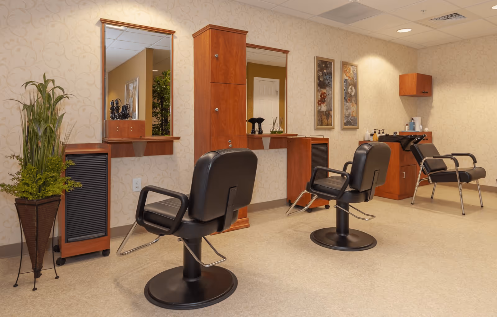 Interior view of a salon area in an assisted living facility featuring two black salon chairs in front of wooden stations with mirrors, a plant in a tall pot, and hair washing sinks in the background.