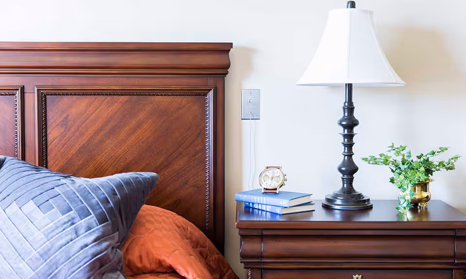Wooden headboard and nightstand with a lamp, books, alarm clock, and a small plant next to pillows on a bed.