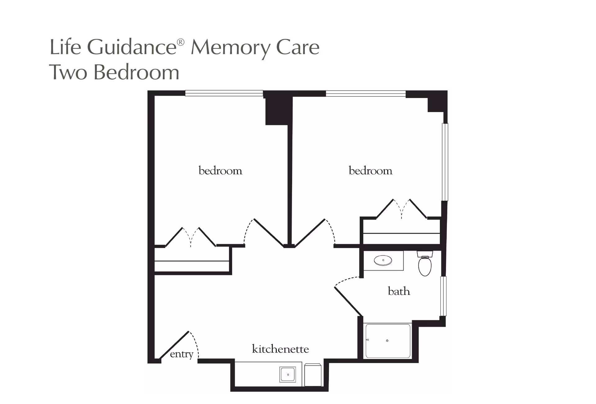 Floor plan layout of a two-bedroom memory care unit showing two bedrooms, a bath, a kitchenette, and an entry area.