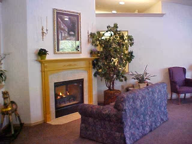 Communal living room with an upholstered sofa facing a lit fireplace, potted plants, artwork, and chairs.