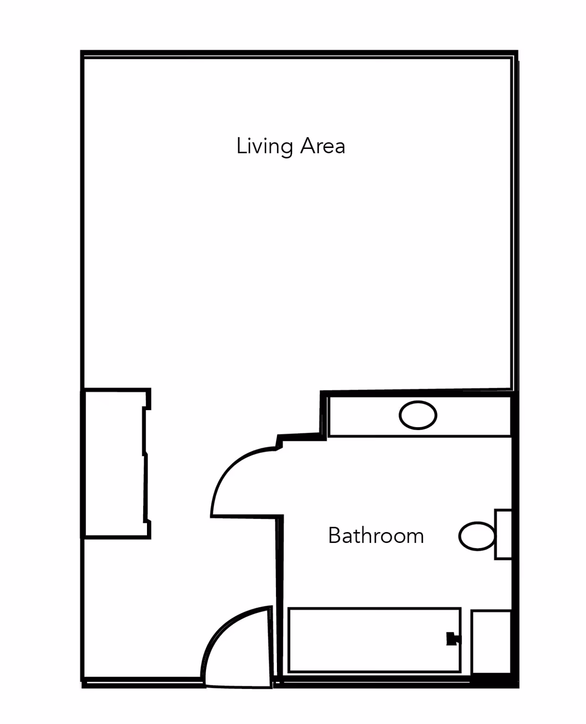 Floor plan layout showing a living area connected to a bathroom. The bathroom includes a sink, toilet, and bathtub. The entrance door opens into the living area with an additional door leading to the bathroom.