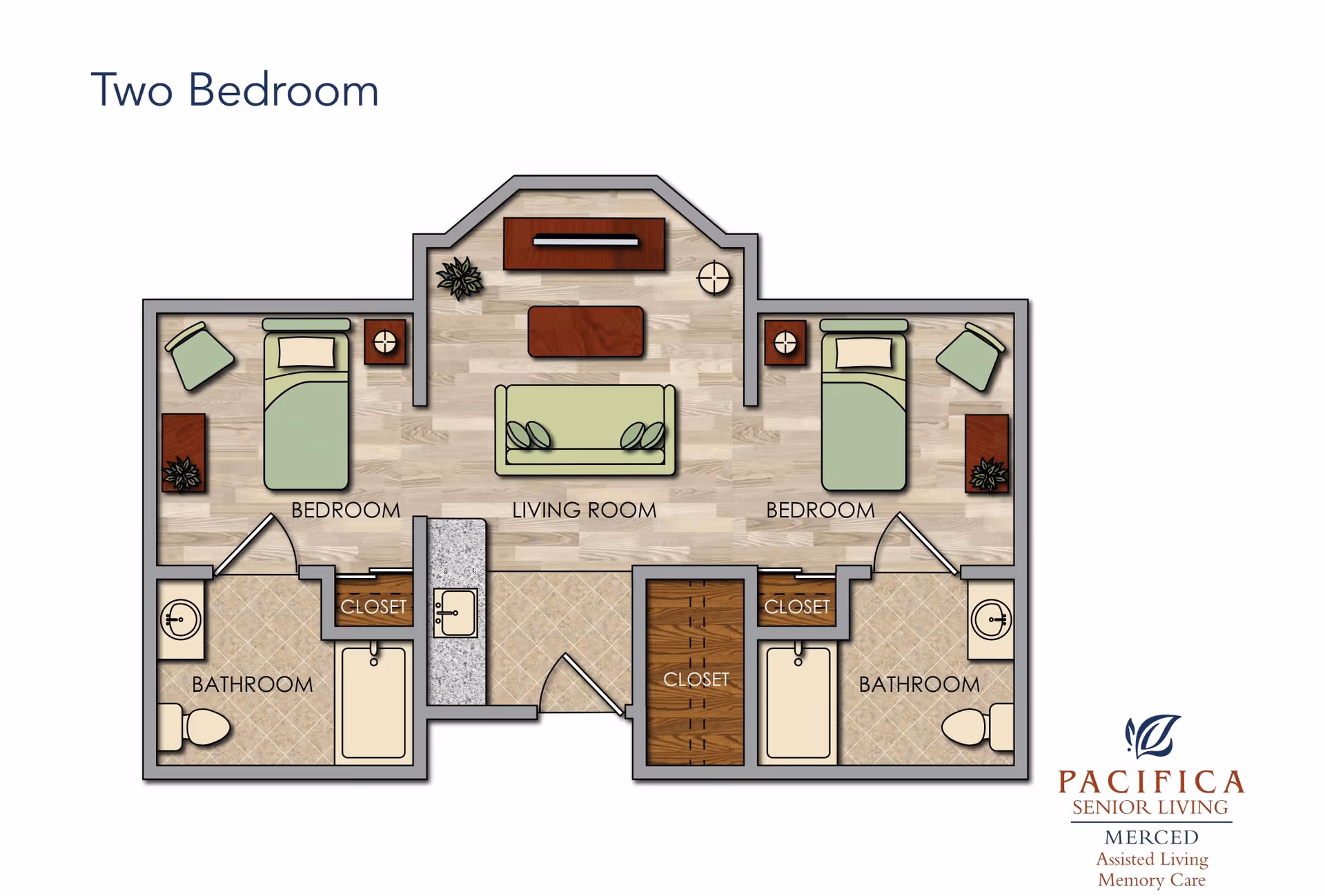 Floor plan of a two-bedroom assisted living unit featuring two bedrooms, each with a bed, chair, nightstand, and closet. The unit includes a central living room with a sofa, coffee table, TV stand, and a plant. Each bedroom has an adjacent bathroom with a toilet, sink, and bathtub. The layout shows tiled bathrooms and wood flooring in the living and bedroom areas.
