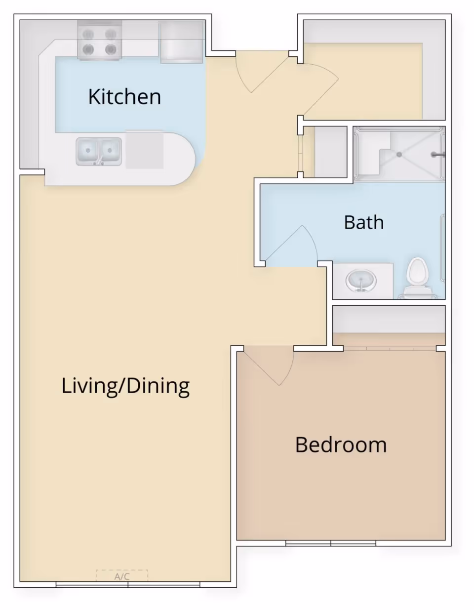 Floor plan layout of a senior living unit showing a kitchen, living/dining area, bedroom, and bathroom with labeled rooms and fixtures.