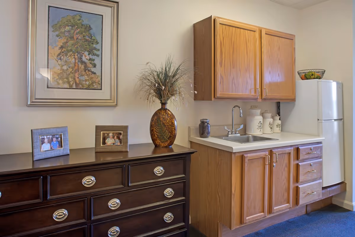 Interior view of a room featuring a wooden dresser with silver handles, two framed photos, and a decorative vase with dried plants on top. Adjacent to the dresser is a small kitchenette area with wooden cabinets, a countertop with a sink, three ceramic canisters, a jar, and a white refrigerator with a fruit basket on top. A framed painting of a tree hangs on the wall above the dresser.