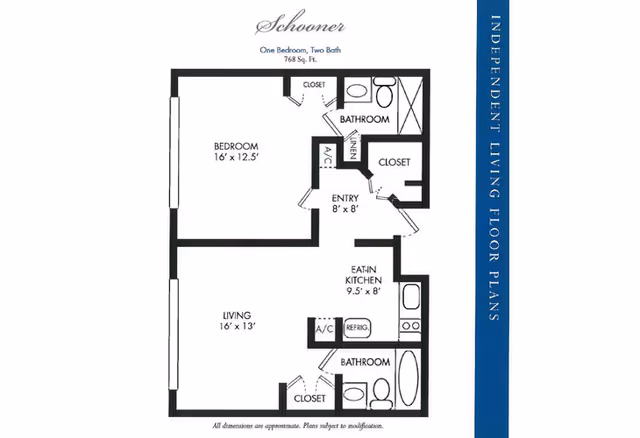 Floor plan of a one-bedroom, two-bath apartment named Schooner, with a total area of 768 square feet. The layout includes a bedroom measuring 16 by 12.5 feet, two bathrooms, an entry area, an eat-in kitchen measuring 9.5 by 8 feet, a living room measuring 16 by 13 feet, multiple closets, and air conditioning units. The plan is labeled as an independent living floor plan.