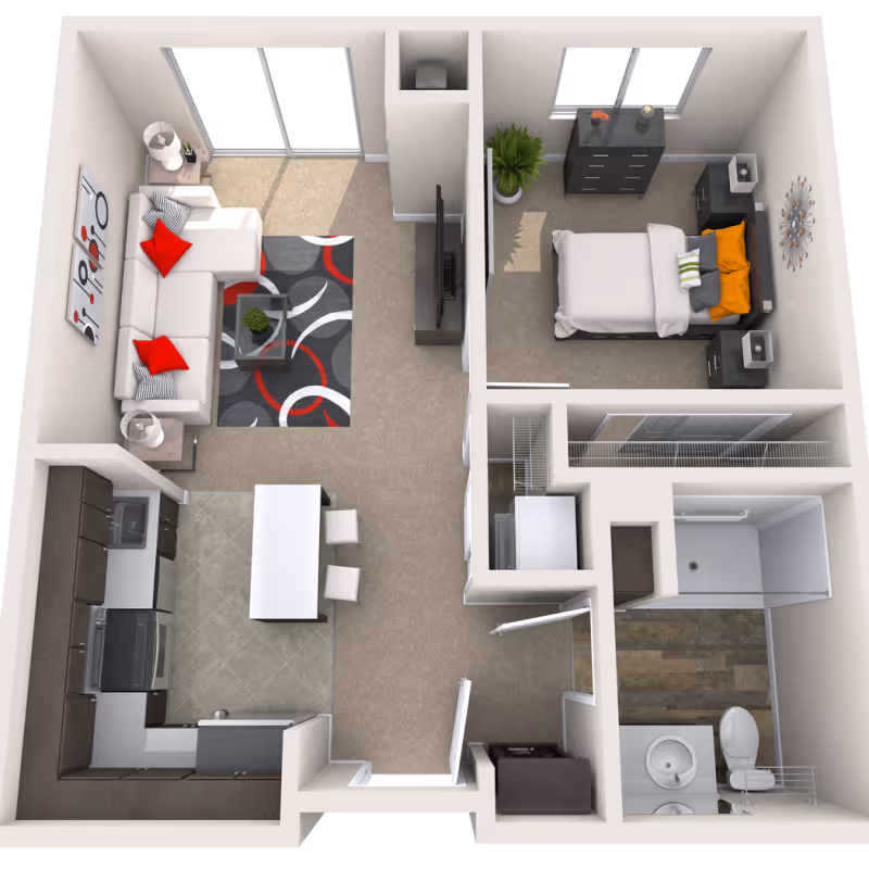 3D floor plan of a one-bedroom apartment showing a living room with sofa and TV, a kitchen with island, a bedroom, bathroom, and closets.