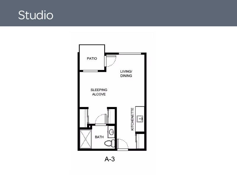 Black-and-white floor plan of a studio apartment (A-3) showing a patio, living/dining area, sleeping alcove, kitchenette, and bath.
