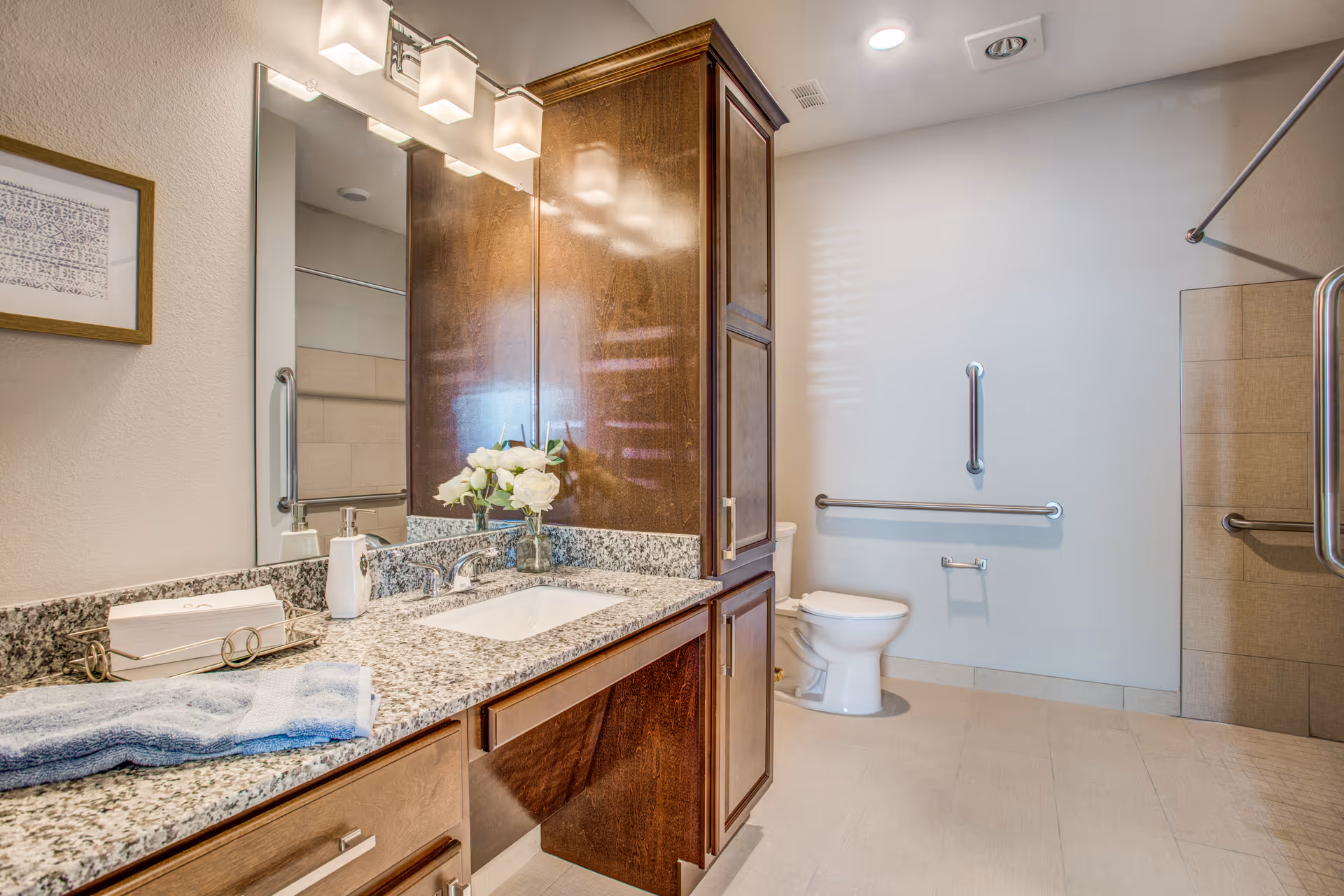 A clean and spacious bathroom featuring a granite countertop with a sink, a large mirror, wooden cabinets, a toilet with grab bars, and a walk-in shower with a grab bar and a curtain rod.