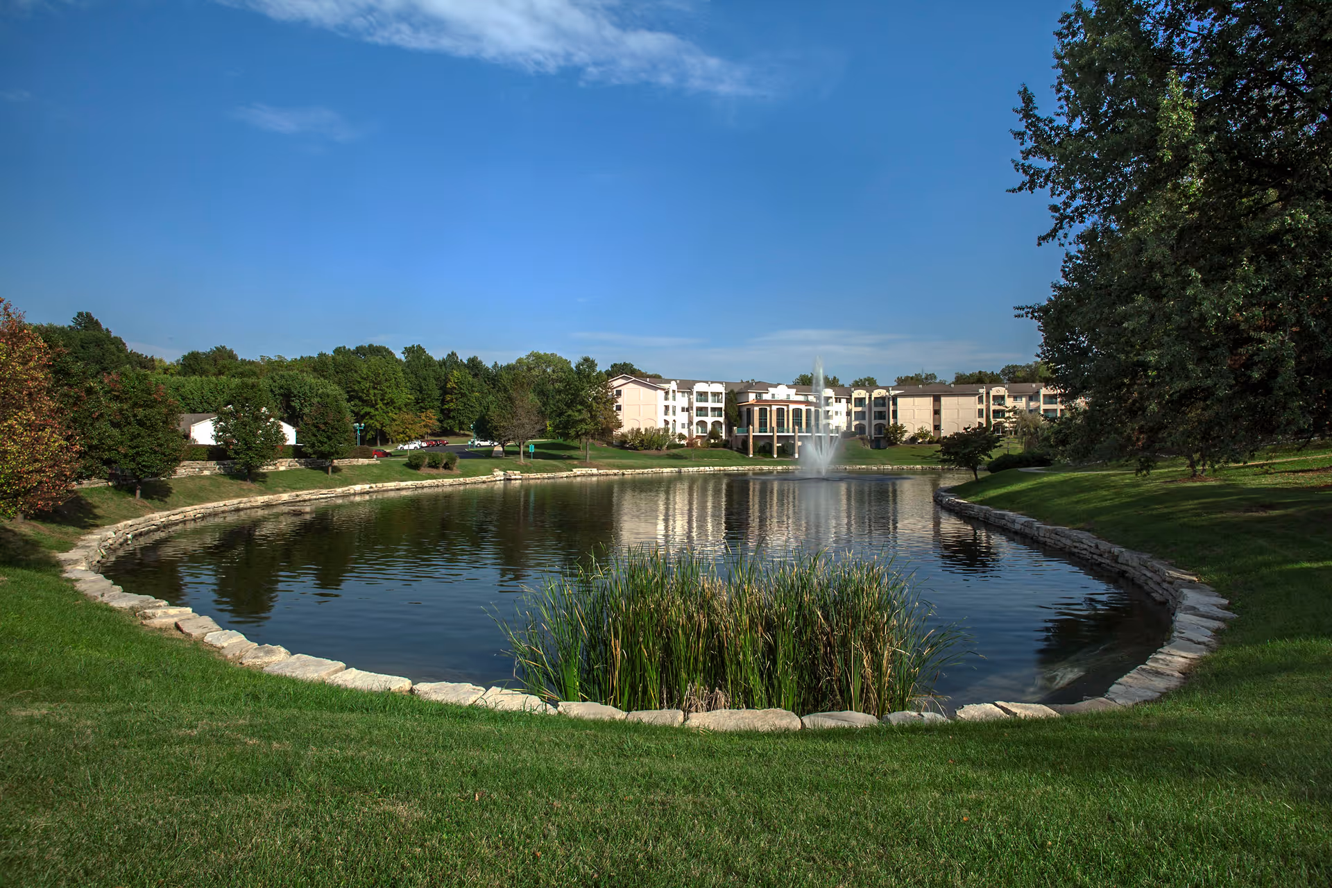 A serene outdoor scene featuring a pond with a stone border and tall grass in the foreground. In the background, there is a fountain spraying water and a multi-story residential building surrounded by trees and green lawns under a clear blue sky.