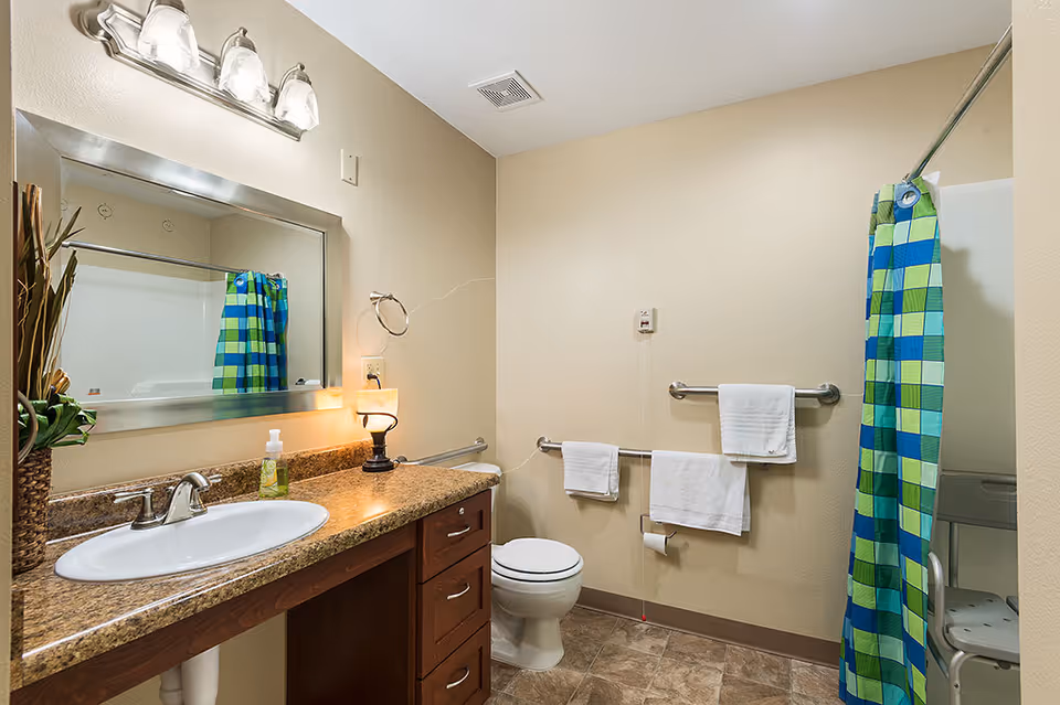 A clean and accessible bathroom with a sink and countertop on the left, a large mirror above the sink, a toilet in the center, and a shower with a colorful blue, green, and white checkered curtain on the right. The bathroom has beige walls, tiled floor, grab bars near the toilet, and a small lamp on the countertop.