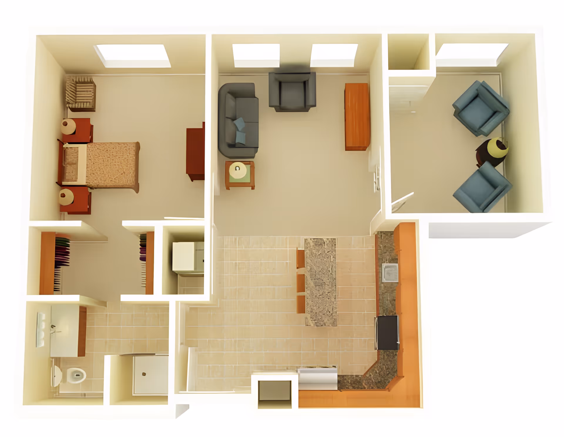 3D top-down floor plan of a one-bedroom apartment showing a bedroom, living room, separate seating room, kitchen with island, and a bathroom.