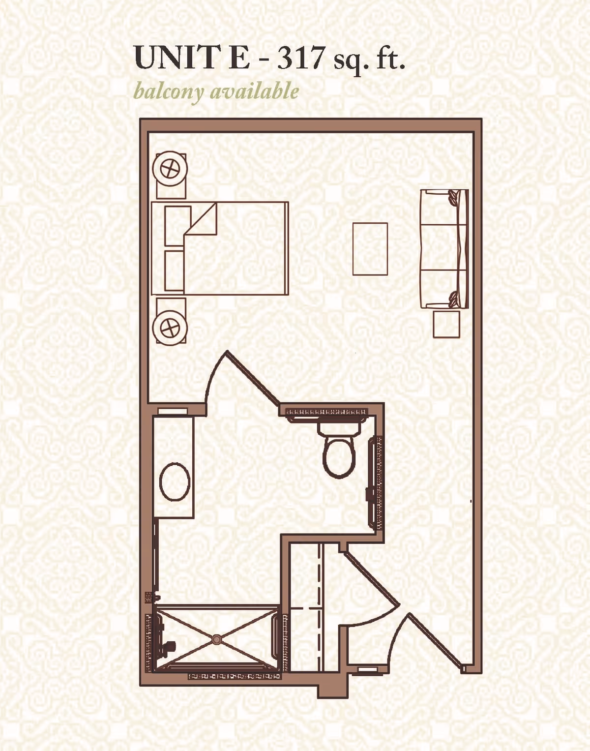 Floor plan of Unit E at The Blake at Lafayette, showing a 317 square feet layout with a bedroom area including a bed and two nightstands, a bathroom with a toilet and sink, a closet, and a living area with a sofa and coffee table. Balcony availability is noted.