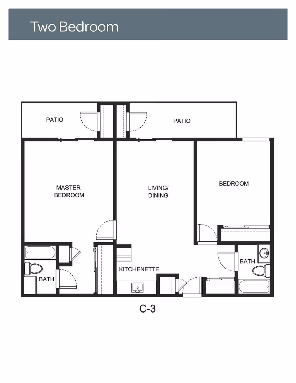Floor plan layout of a two-bedroom unit at Holiday Montara Meadows, showing a master bedroom with attached bath, a second bedroom with a separate bath, a living/dining area, a kitchenette, and two patios.