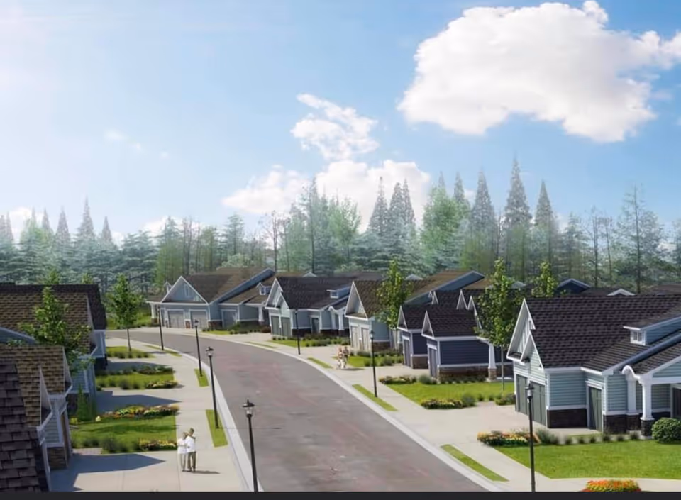 Row of single-story cottage-style homes lining a curved street in a landscaped senior living community under a blue sky.
