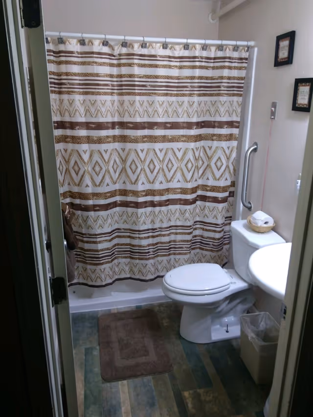 Small bathroom with a white toilet, a white sink, a brown and beige patterned shower curtain, a brown bath mat on a multicolored floor, a grab bar next to the toilet, a small waste bin, and two framed pictures on the wall.