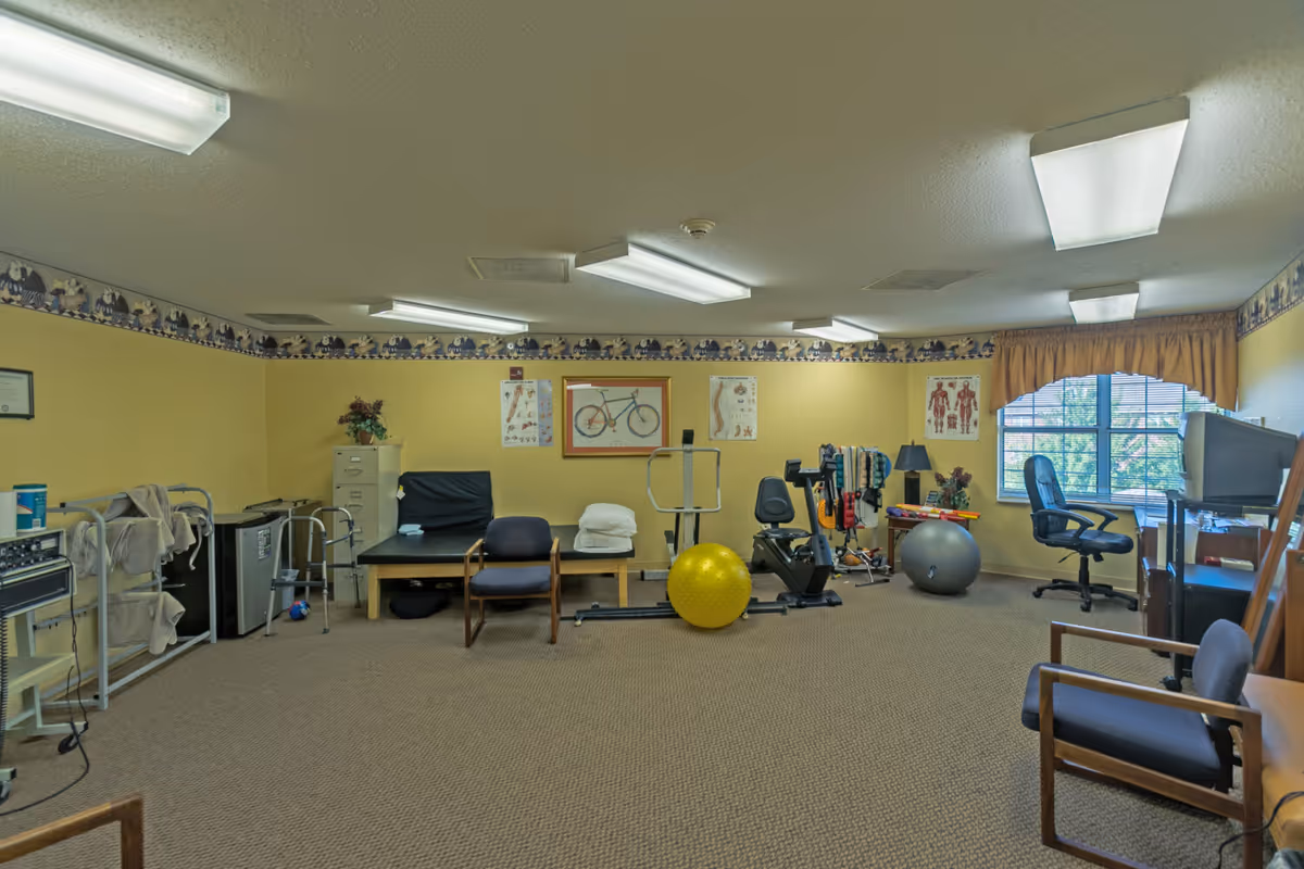 A therapy or exercise room with yellow walls and carpeted floor, featuring exercise equipment including a stationary bike, therapy balls, a walker, and a treatment table. There are chairs, anatomical posters on the walls, a window with yellow curtains, and a TV on a stand.