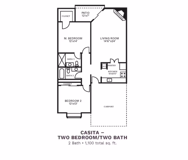 Floor plan of a casita with two bedrooms and two bathrooms, including a living room with fireplace, kitchen with pantry and washer/dryer, patio, closets, and a carport. The total area is 1,100 square feet.