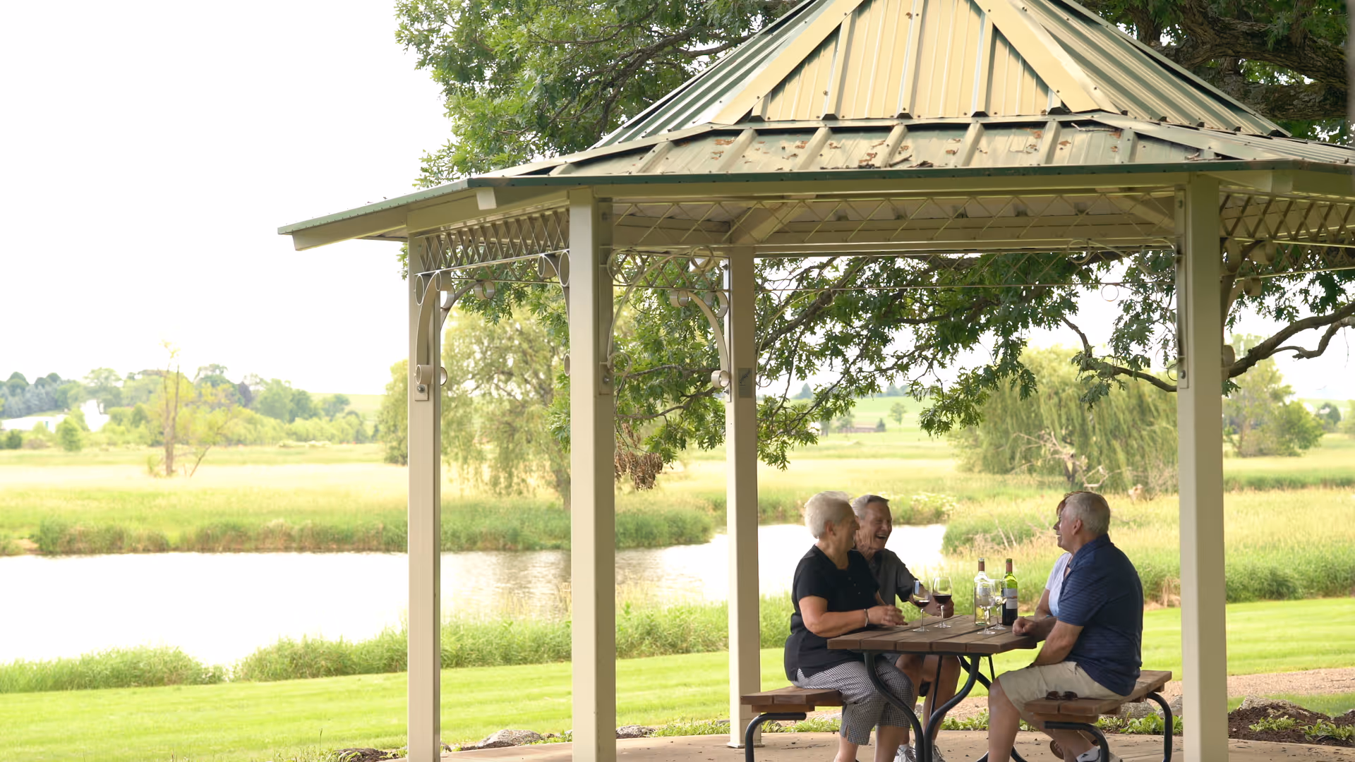 Three elderly people sitting at a wooden picnic table under a gazebo near a pond, enjoying conversation and drinks on a sunny day with green grass and trees in the background.