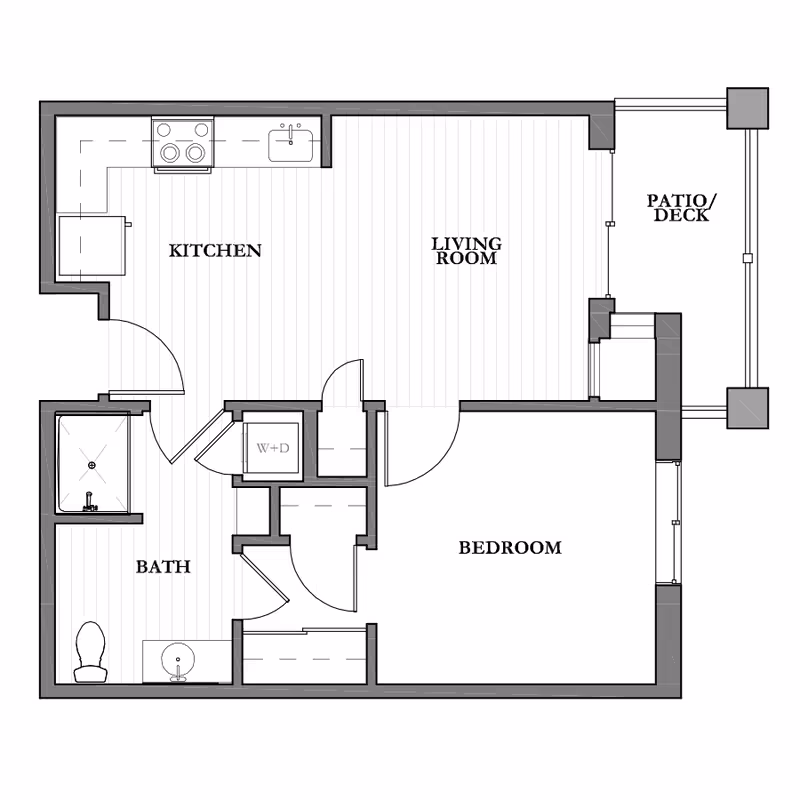 Architectural floor plan of a one-bedroom apartment at Lake Travis Independent Living, showing a kitchen, living room, bedroom, bathroom, washer and dryer area, and a patio/deck.