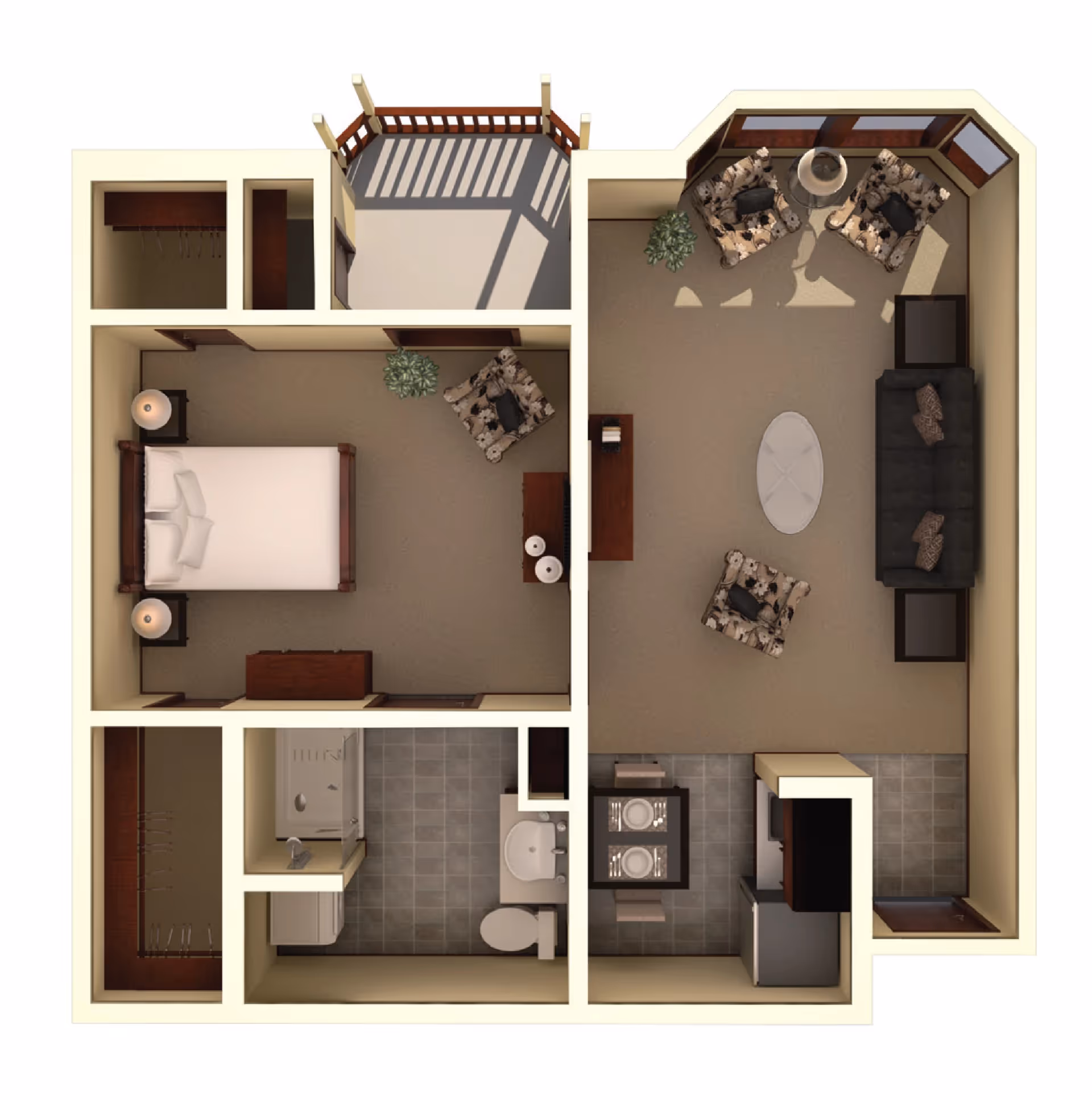 3D floor plan of a senior living apartment at Lakestone Terrace Senior Living showing a bedroom with a bed, two nightstands with lamps, a chair, and a dresser; a living room with a sofa, three armchairs, a coffee table, side tables, and a TV stand; a kitchen area with a dining table set for two, refrigerator, and stove; a bathroom with a shower, toilet, and sink; and a small balcony with railing.