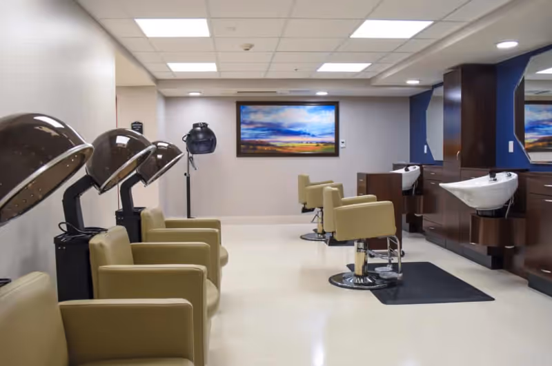 Interior view of a hair salon area with beige salon chairs, hair drying stations with hooded dryers, and hair washing sinks. A colorful landscape painting is mounted on the far wall.