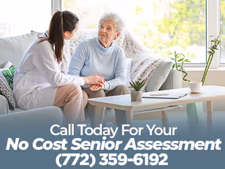 A caregiver sitting on a couch holding hands and talking with an elderly woman in a bright living room with large windows and a coffee table with plants and a cup.