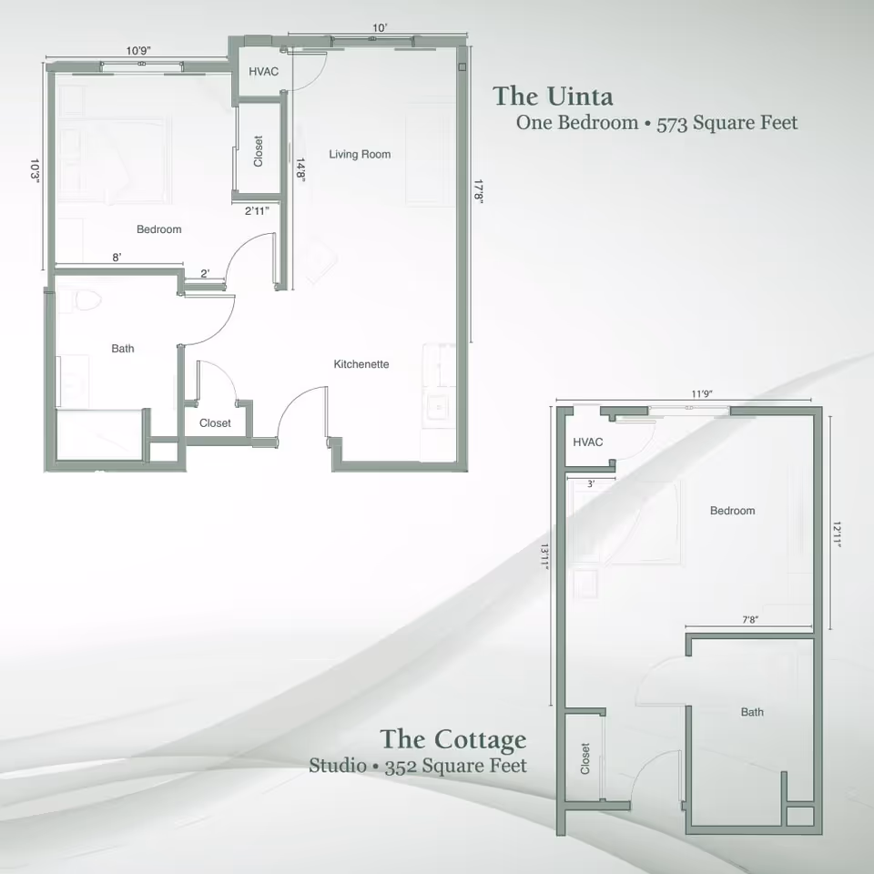 Architectural floor plans showing two unit layouts labeled 'The Uinta' one-bedroom (573 sq ft) and 'The Cottage' studio (352 sq ft) with room labels and dimensions.