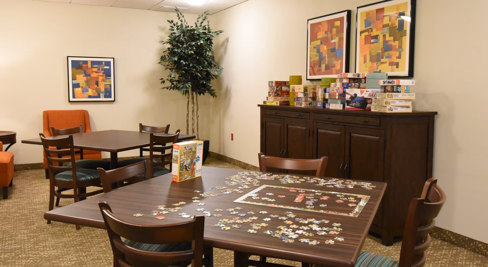 A cozy activity room with wooden tables and chairs. One table has a partially completed jigsaw puzzle with puzzle pieces scattered around. A cabinet against the wall holds multiple boxes of puzzles and games. The room is decorated with framed abstract art and a tall artificial plant in the corner.