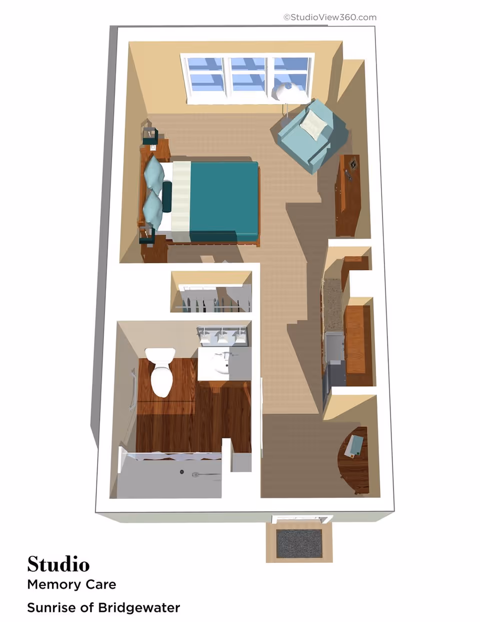 3D floor plan of a studio memory care unit at Sunrise of Bridgewater, showing a bedroom area with a bed, two nightstands, an armchair, a dresser, a kitchenette with cabinets and appliances, a small dining table with a chair, and a bathroom with a toilet, sink, and shower.