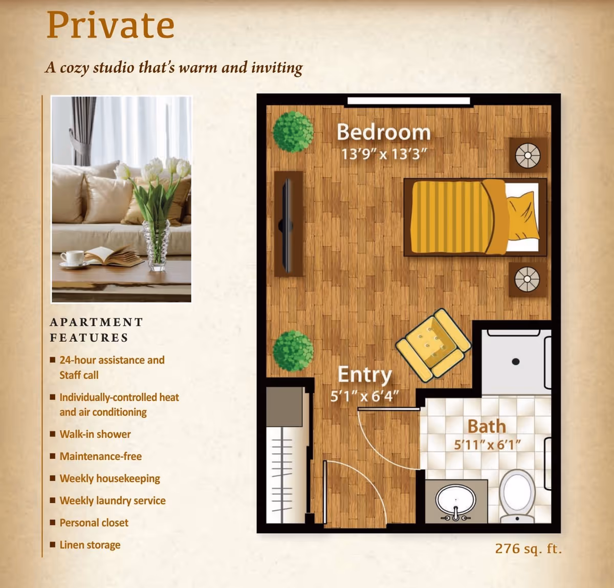Floor plan of a cozy studio apartment labeled 'Private' with a bedroom area measuring 13'9" x 13'3", an entry area 5'1" x 6'4", and a bathroom 5'11" x 6'1". The layout includes a bed, two nightstands, a chair, a TV, a closet, and a walk-in shower. Text on the left lists apartment features such as 24-hour assistance, individually-controlled heat and air conditioning, walk-in shower, maintenance-free, weekly housekeeping, weekly laundry service, personal closet, and linen storage. There is also a photo of a living room with a sofa, a coffee table with a book, a cup, and a vase with flowers.
