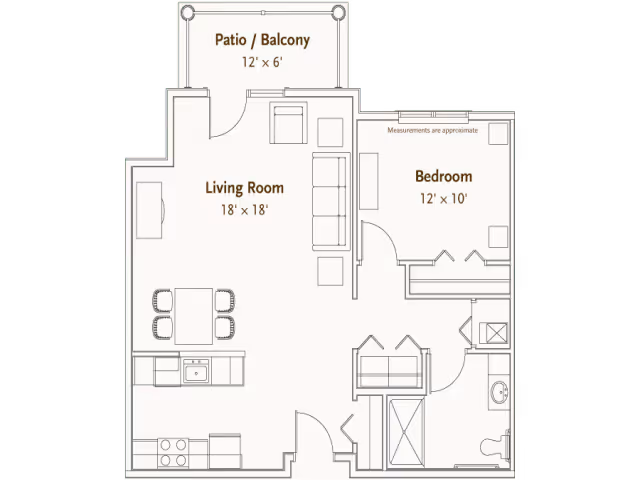 Floor plan of a one-bedroom apartment at Hearthstone Village showing a living room with furniture, a kitchen area with appliances, a bedroom, a bathroom, and a patio/balcony.
