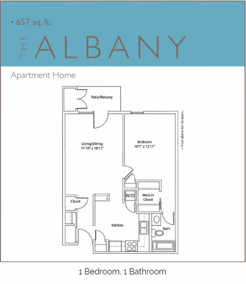 Floor plan of The Albany apartment home at The Estates of Hidden Lake, showing a 1 bedroom, 1 bathroom layout with a living/dining area, kitchen, walk-in closet, washer/dryer, and patio/balcony. The total area is 657 square feet.
