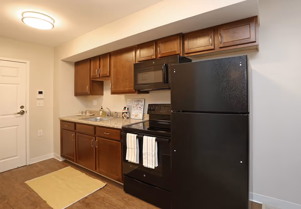 Compact kitchen with dark refrigerator and stove, wooden cabinets, granite countertop and sink.