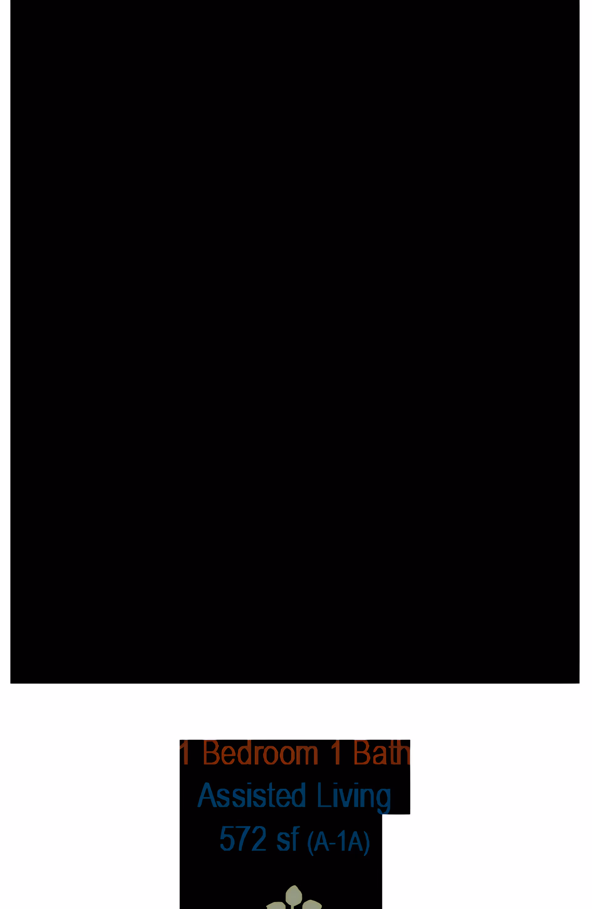 Large black rectangle above a small label reading '1 Bedroom 1 Bath Assisted Living 572 sf (A-1A)'.