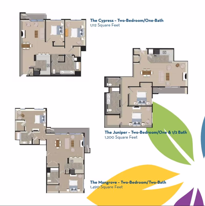 Floor plans for three different two-bedroom apartment layouts at Watercrest Palm Beach Gardens: The Cypress with one bathroom (1,112 sq ft), The Juniper with one and a half bathrooms (1,200 sq ft), and The Mangrove with two bathrooms (1,490 sq ft). Each plan shows the arrangement of bedrooms, bathrooms, kitchen, living, and dining areas.