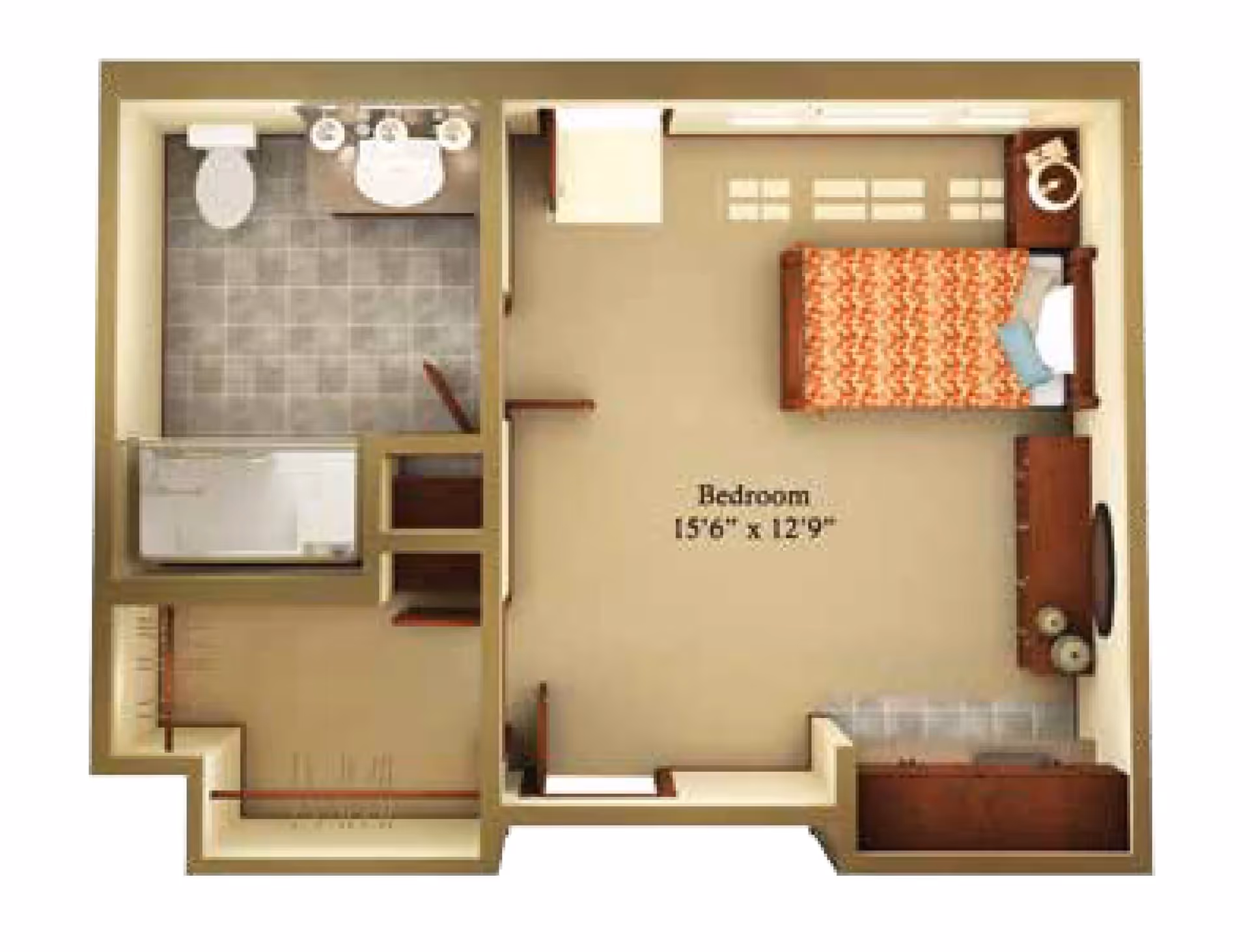 Floor plan of a senior living unit showing a bedroom measuring 15 feet 6 inches by 12 feet 9 inches, furnished with a bed, nightstand, dresser, and a small seating area. Adjacent to the bedroom is a bathroom with a toilet, sink, and shower. There is also a closet space near the entrance.