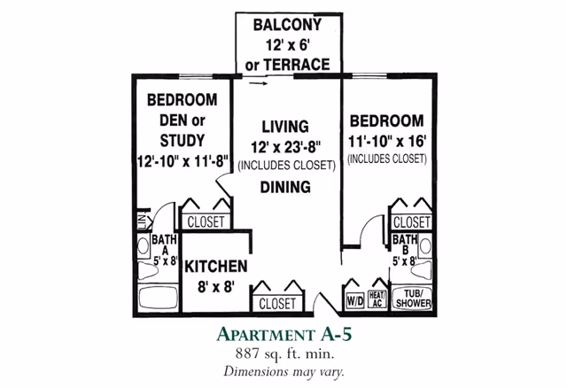 Floor plan of Apartment A-5 at Meadowood showing two bedrooms, two bathrooms, a kitchen, a living and dining area, closets, and a balcony or terrace. The left bedroom is labeled as Bedroom, Den or Study measuring 12 feet 10 inches by 11 feet 8 inches with an adjacent bathroom. The right bedroom measures 11 feet 10 inches by 16 feet and includes a closet and bathroom with tub/shower. The kitchen measures 8 feet by 8 feet. The living and dining area measures 12 feet by 23 feet 8 inches and includes a closet. There is a washer/dryer and heating/AC area near the right bathroom. The balcony or terrace measures 12 feet by 6 feet. The total area is 887 square feet minimum.