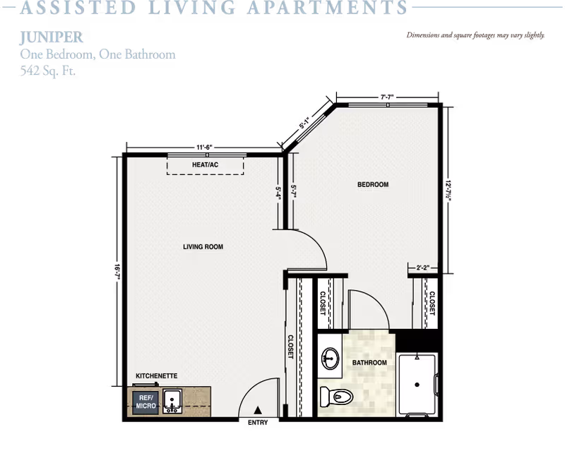 Floor plan of an assisted living apartment named Juniper with one bedroom and one bathroom, totaling 542 square feet. The layout includes a living room with a kitchenette area, a bedroom with two closets, and a bathroom with a toilet and bathtub. Dimensions of each room and closet are marked.
