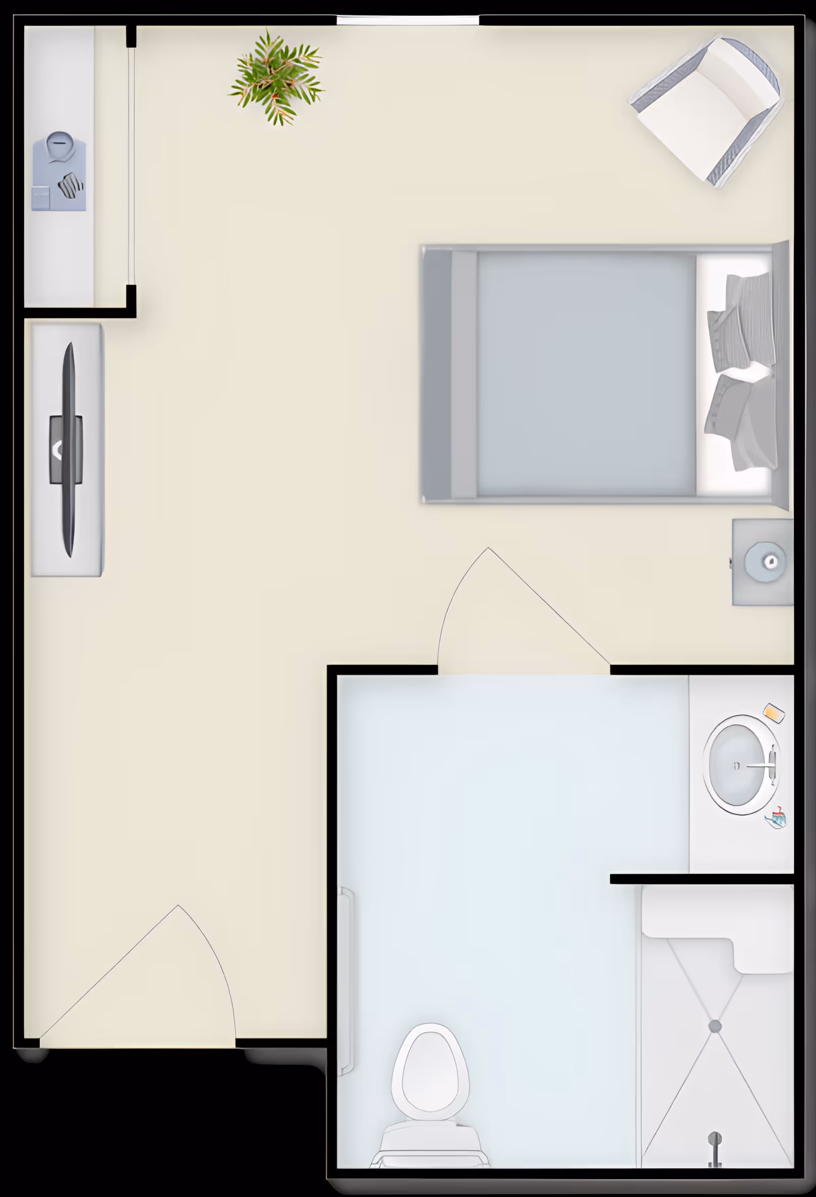 Top-down floor plan of a small living space with a bedroom and attached bathroom. The bedroom includes a bed with pillows, a chair in the corner, a nightstand with a lamp, a TV on a stand, and a small plant. The bathroom has a toilet, sink with a soap dispenser, and a shower area.