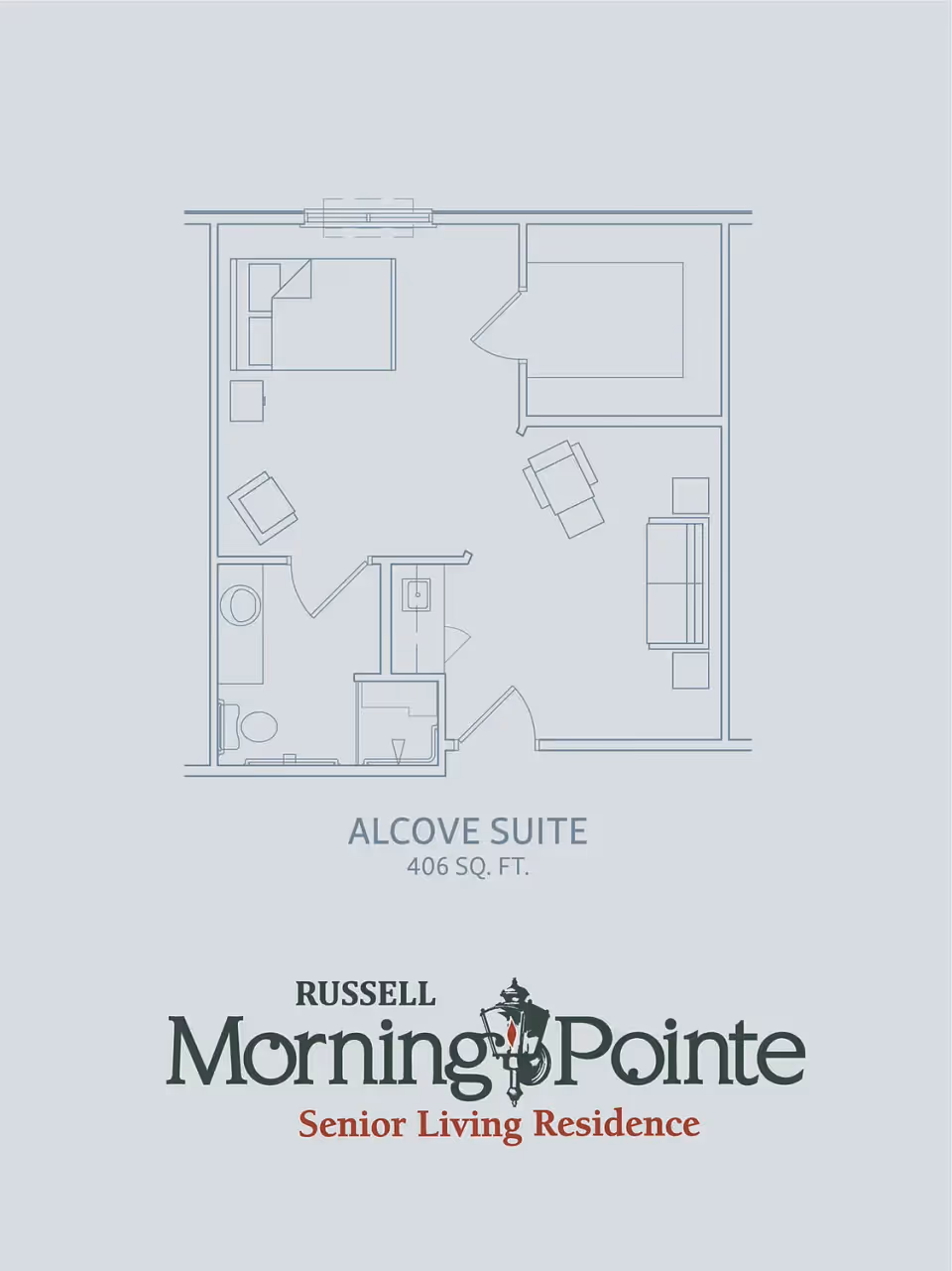 Floor plan of an Alcove Suite measuring 406 square feet, showing a bedroom area with a bed and nightstand, a living area with a sofa and chair, and a bathroom with a toilet and sink. The plan is labeled with Morning Pointe of Russell Senior Living Residence logo below.