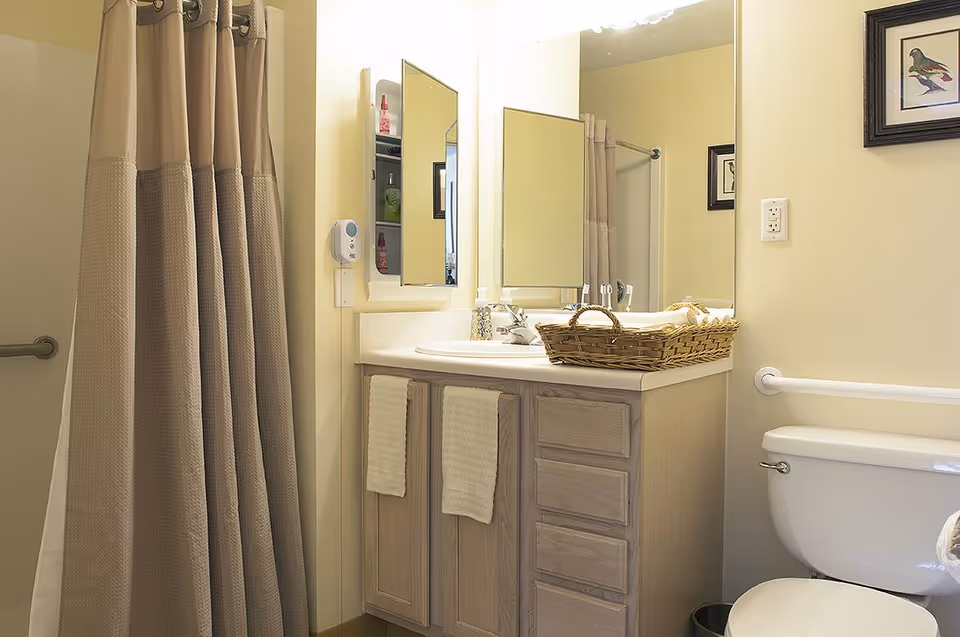 A bathroom with a beige shower curtain, a wooden vanity with a white countertop, a sink, a wicker basket, two hand towels hanging on the cabinet doors, a toilet with a grab bar on the wall, and framed bird artwork on the wall.
