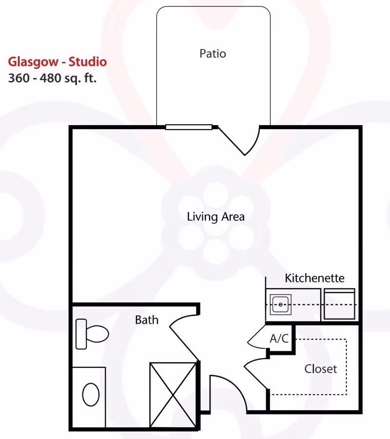 Floor plan of the Glasgow Studio apartment at Rivercrest Place, showing a living area, kitchenette, closet, bathroom, and a patio. The apartment size ranges from 360 to 480 square feet.