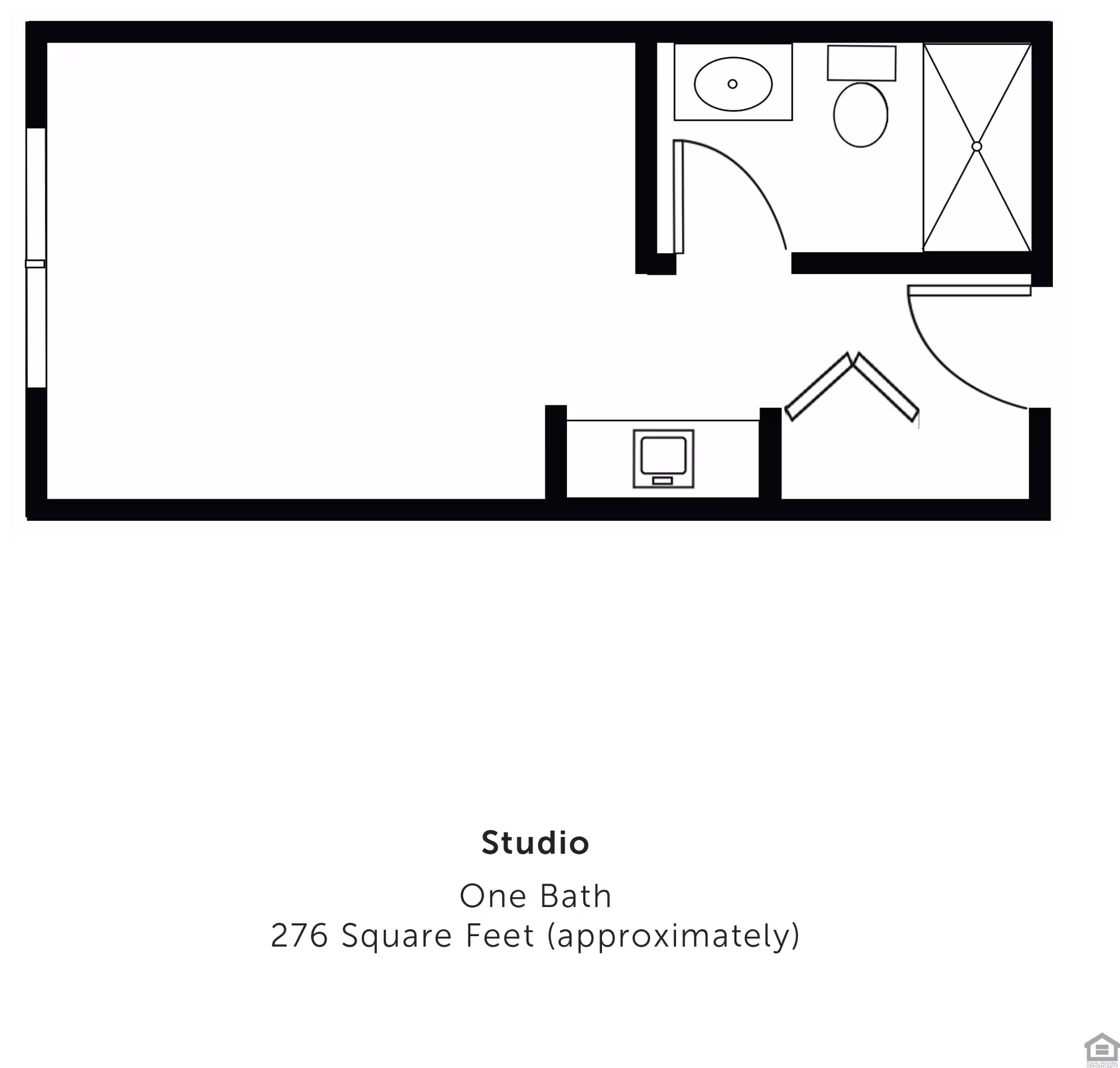 Floor plan of a studio apartment at Leighton Place showing one bathroom, a main living/sleeping area, and an entryway. The bathroom includes a sink, toilet, and shower. The total area is approximately 276 square feet.