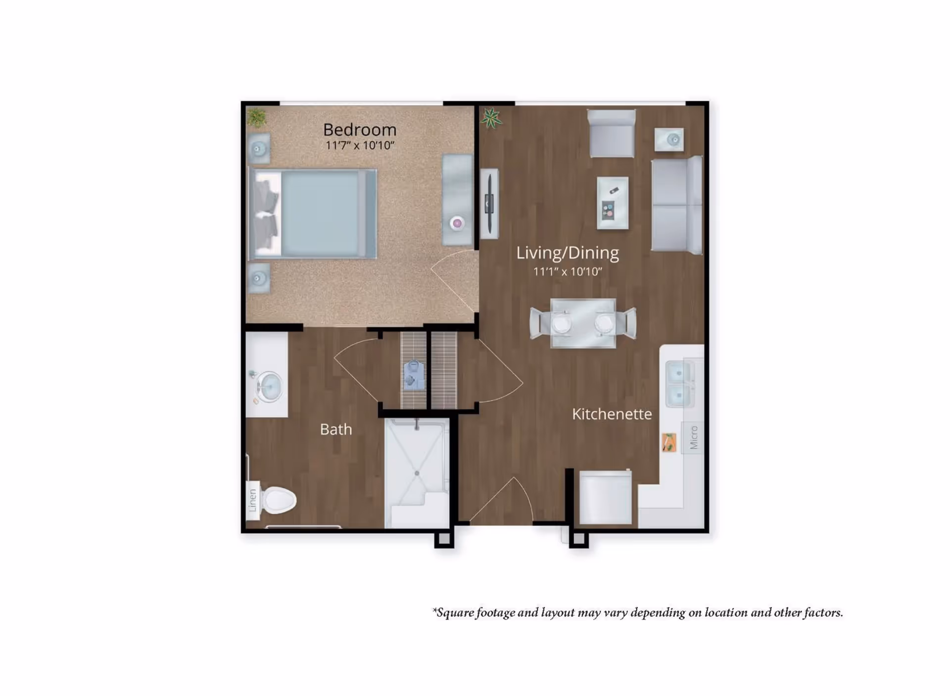 Floor plan of a one-bedroom apartment at The Claiborne at Brickyard Crossing showing a bedroom, bath, living/dining area, and kitchenette with furniture layout and dimensions.