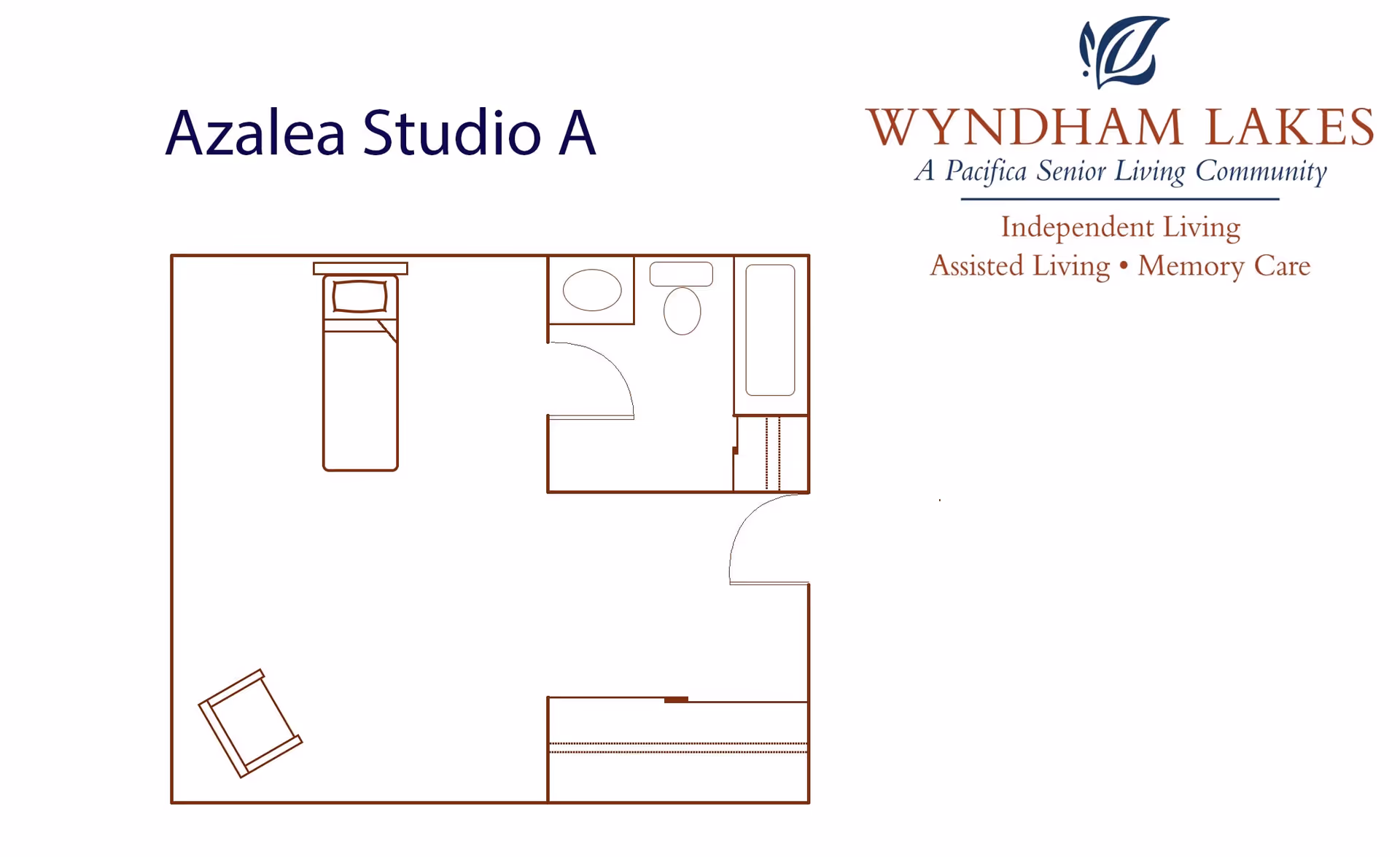 Floor plan labeled Azalea Studio A from Wyndham Lakes senior living community, showing a studio layout with a bed, chair, bathroom with sink, toilet, and bathtub, and closet space.