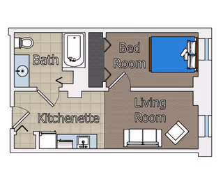 Floor plan of a supportive living unit showing a kitchenette, bathroom, bedroom with a bed, and a living room with a sofa and a chair.